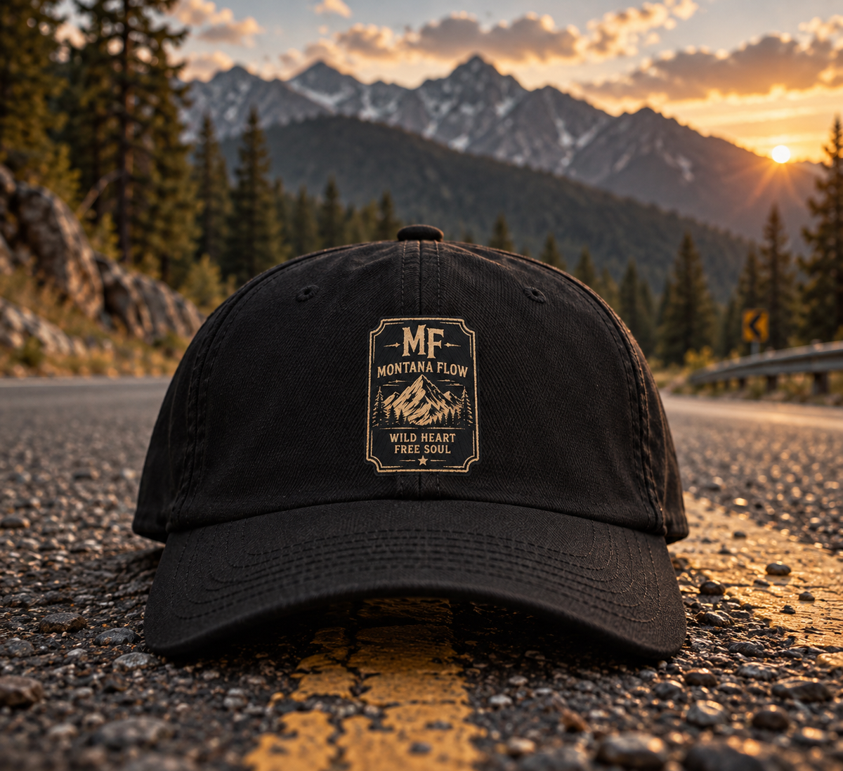 Montana Flow Mountain Badge Cap | Low Profile Outdoor Baseball Hat | Mountain Graphic Cap