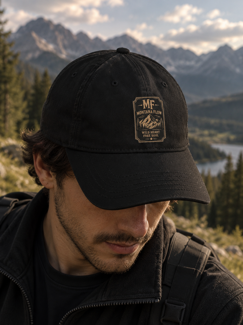 Montana Flow Mountain Badge Cap | Low Profile Outdoor Baseball Hat | Mountain Graphic Cap