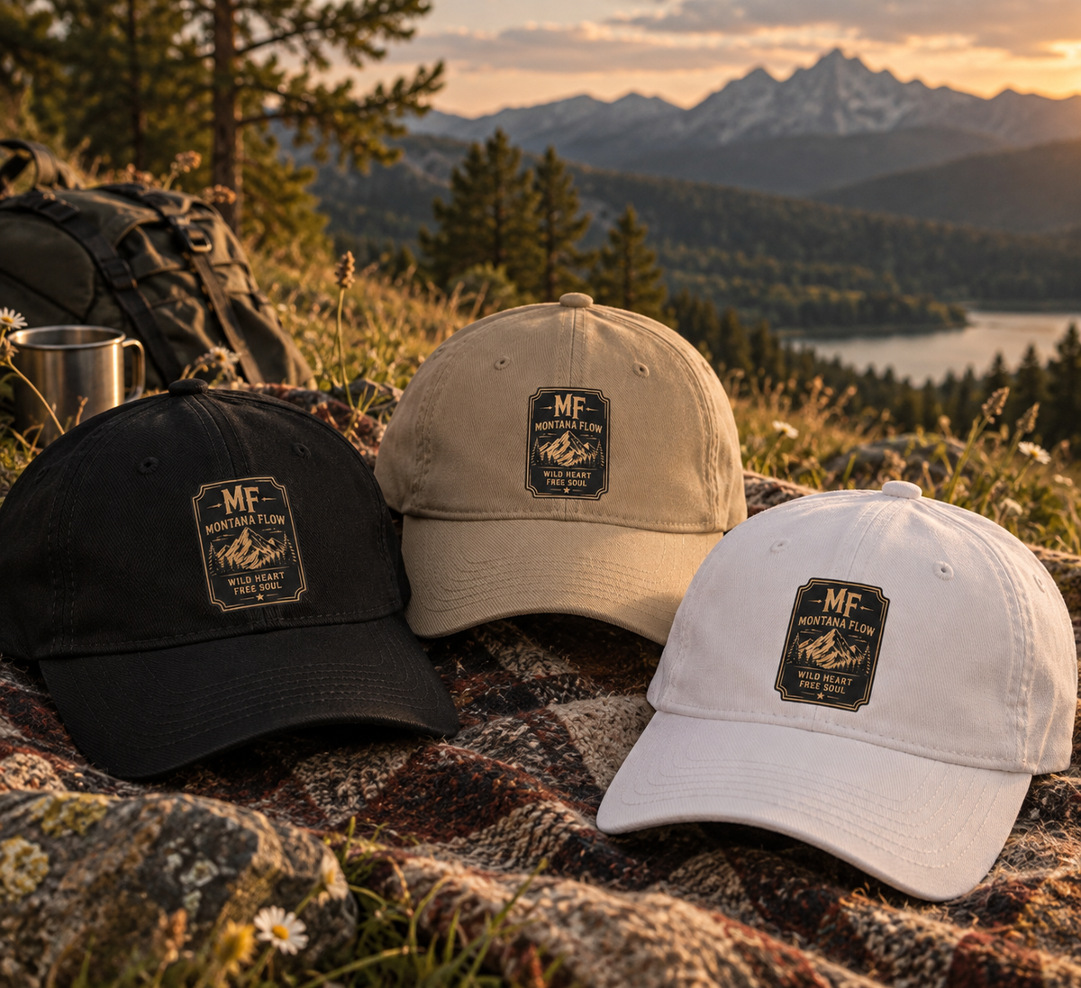 Montana Flow Mountain Badge Cap | Low Profile Outdoor Baseball Hat | Mountain Graphic Cap