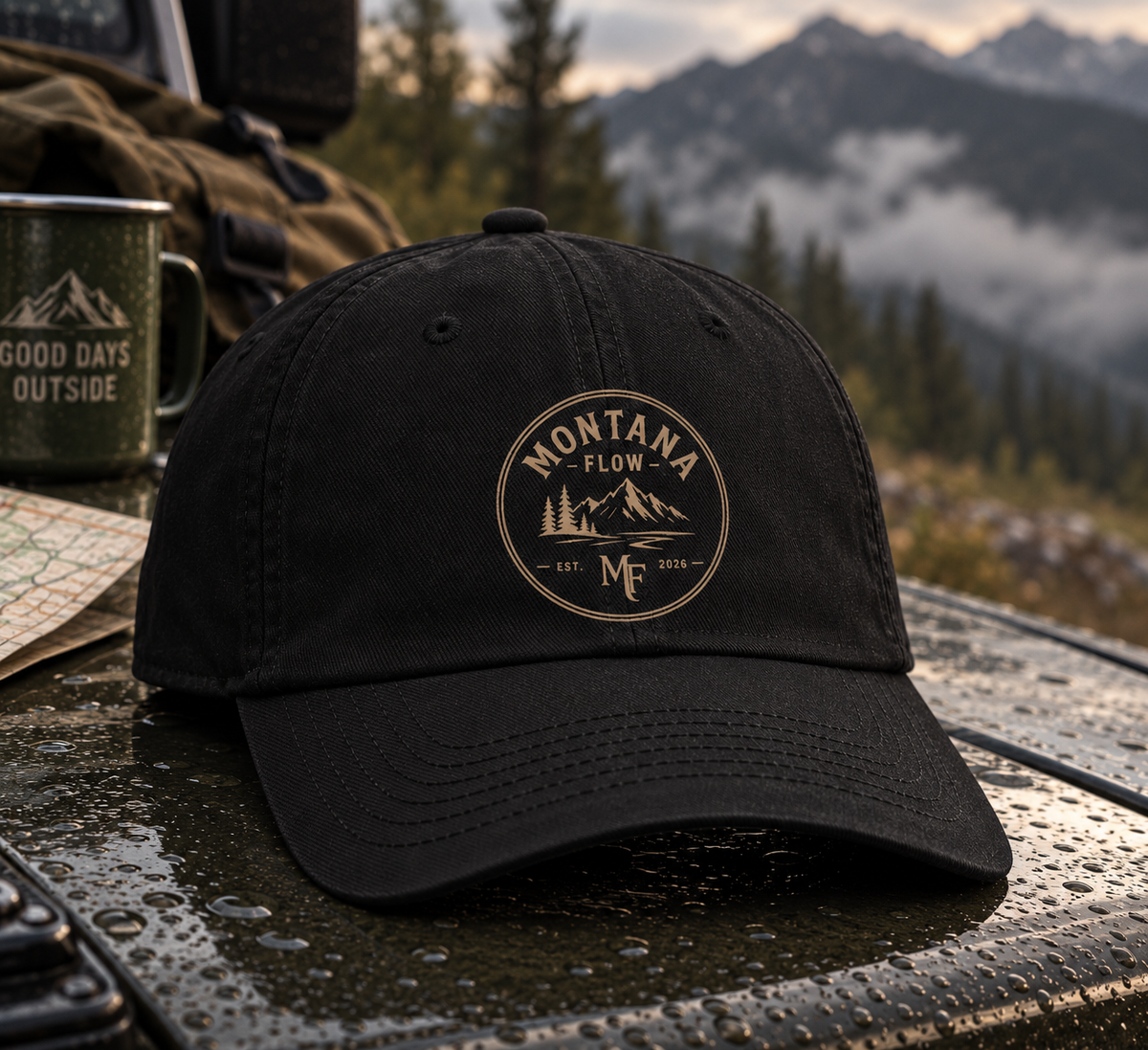 Montana Mountain Badge Cap | Low Profile Outdoor Baseball Hat | Mountain Graphic Cap