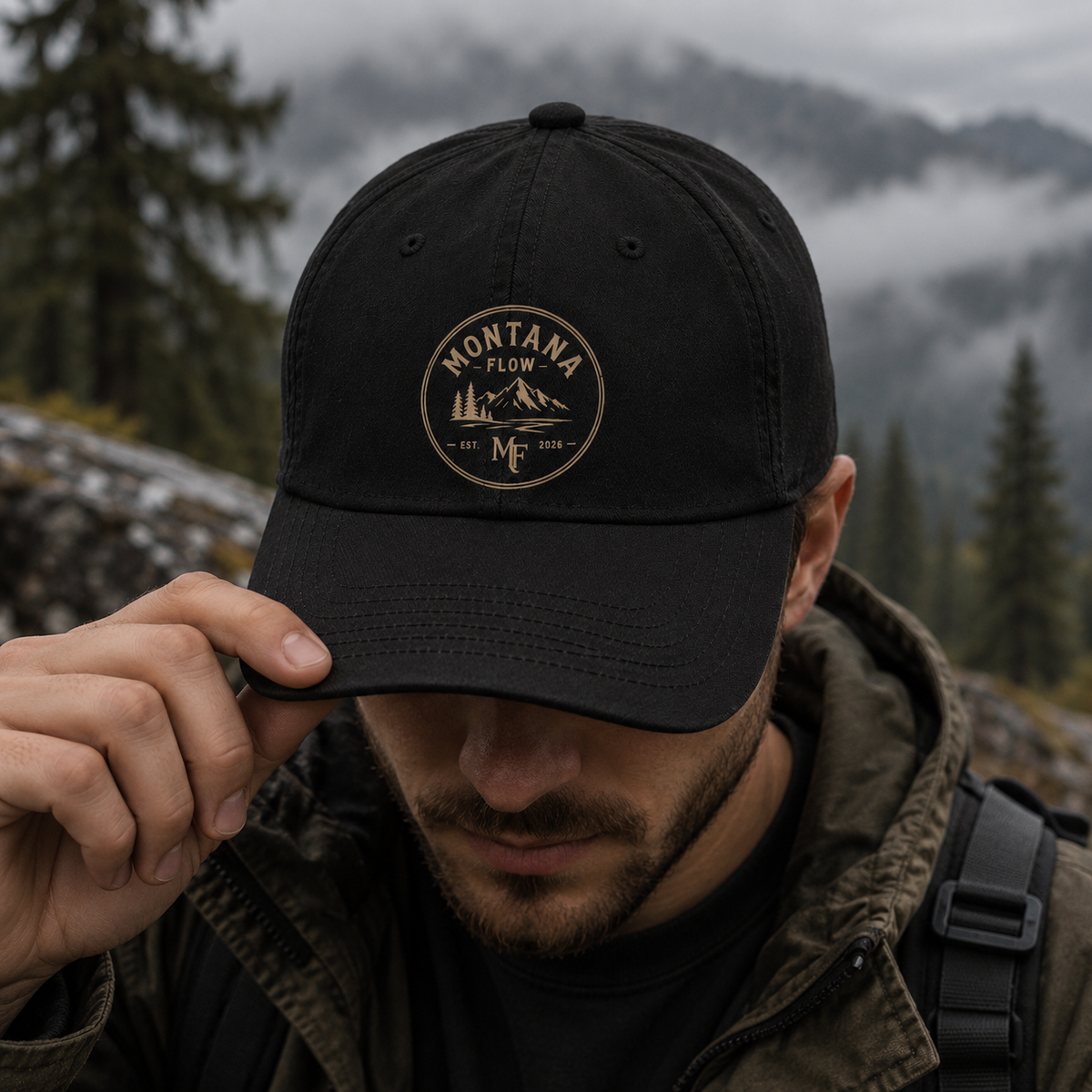 Montana Mountain Badge Cap | Low Profile Outdoor Baseball Hat | Mountain Graphic Cap