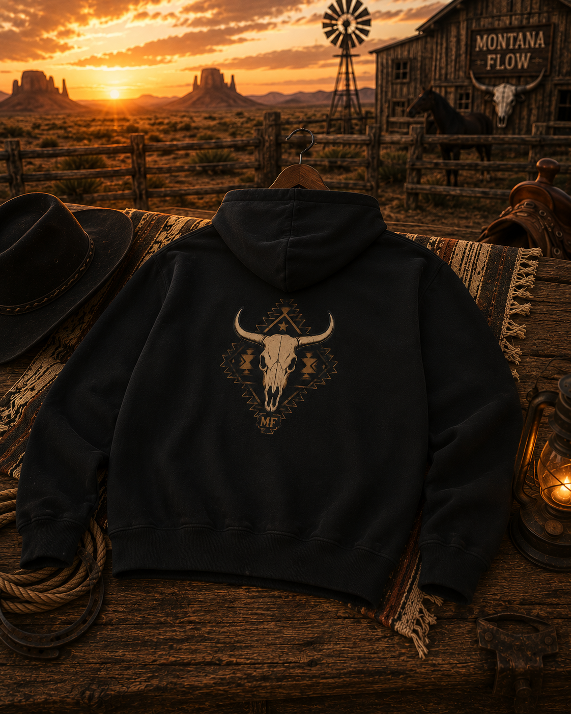 Southwestern Bull Skull Hoodie | Tribal Aztec Pattern Back Print