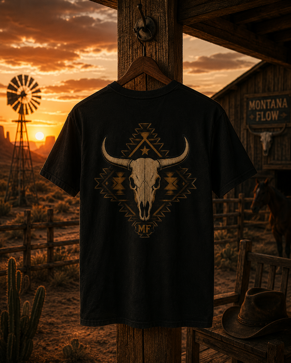 T-shirt western tête de buffle | Motif tribal du Sud-Ouest, t-shirt graphique cowboy