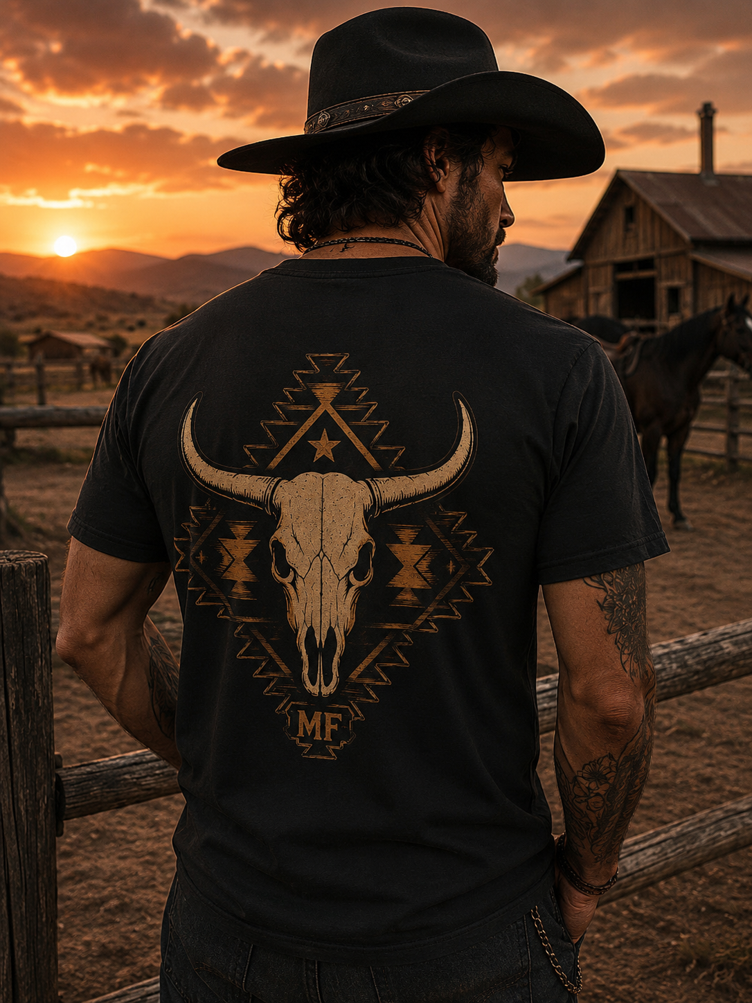 T-shirt western tête de buffle | Motif tribal du Sud-Ouest, t-shirt graphique cowboy