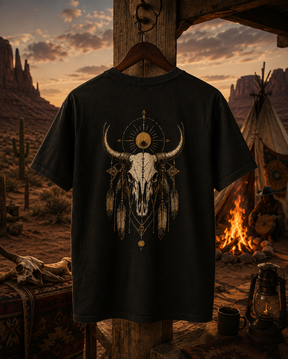 T-shirt attrape-rêves avec crâne de longhorn | T-shirt graphique bohème chaman western | T-shirt esprit du désert