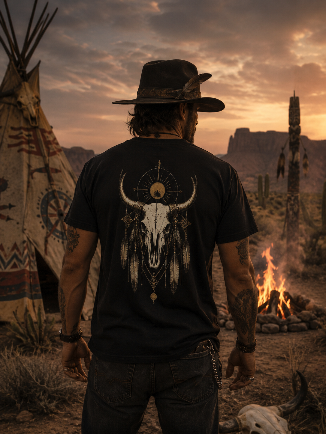 T-shirt attrape-rêves avec crâne de longhorn | T-shirt graphique bohème chaman western | T-shirt esprit du désert