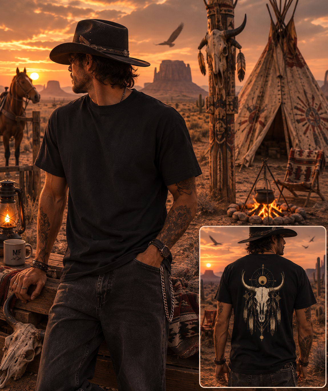 T-shirt attrape-rêves avec crâne de longhorn | T-shirt graphique bohème chaman western | T-shirt esprit du désert
