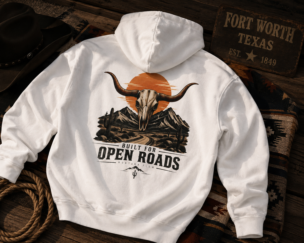 Longhorn Skull Hoodie | Western Graphic Sweatshirt | Desert Road Trip Pullover