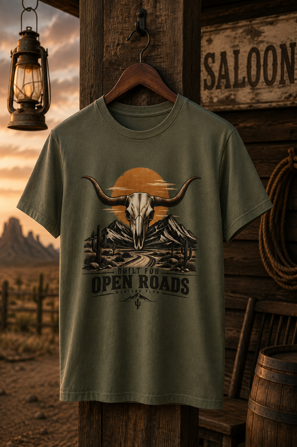 T-shirt tête de crâne de longhorn | T-shirt Western Open Roads | T-shirt graphique cow-boy du désert