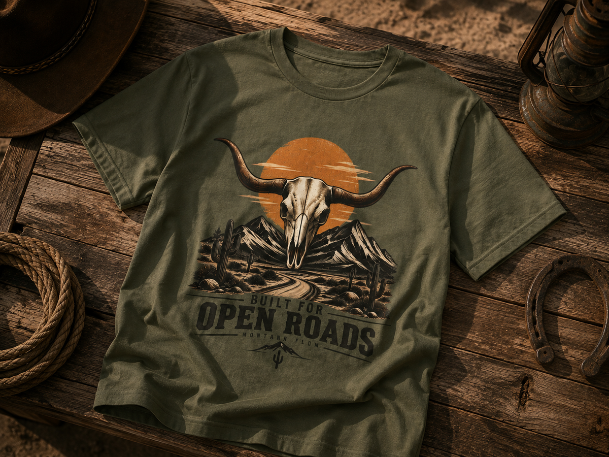 T-shirt tête de crâne de longhorn | T-shirt Western Open Roads | T-shirt graphique cow-boy du désert