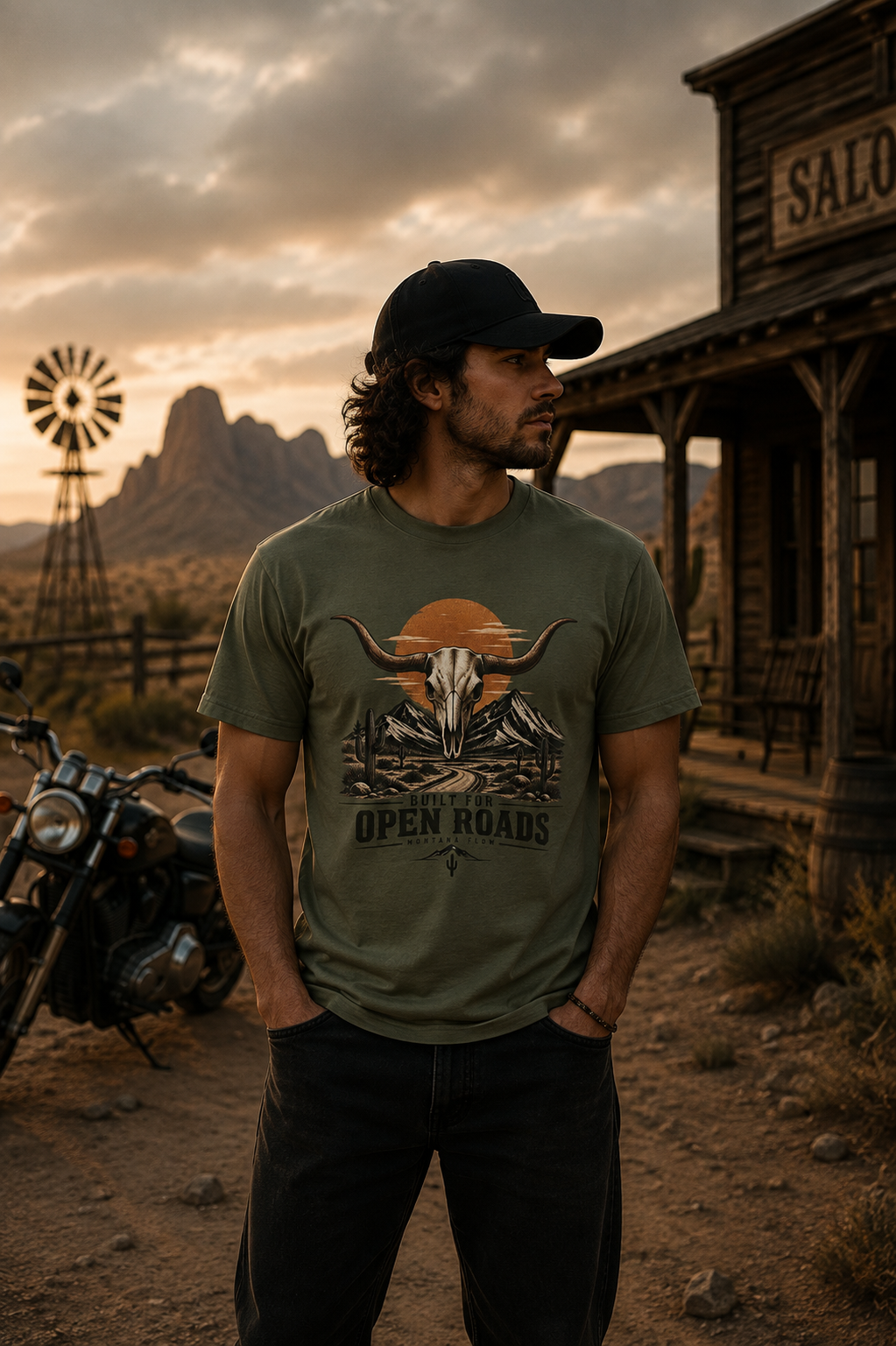 T-shirt tête de crâne de longhorn | T-shirt Western Open Roads | T-shirt graphique cow-boy du désert
