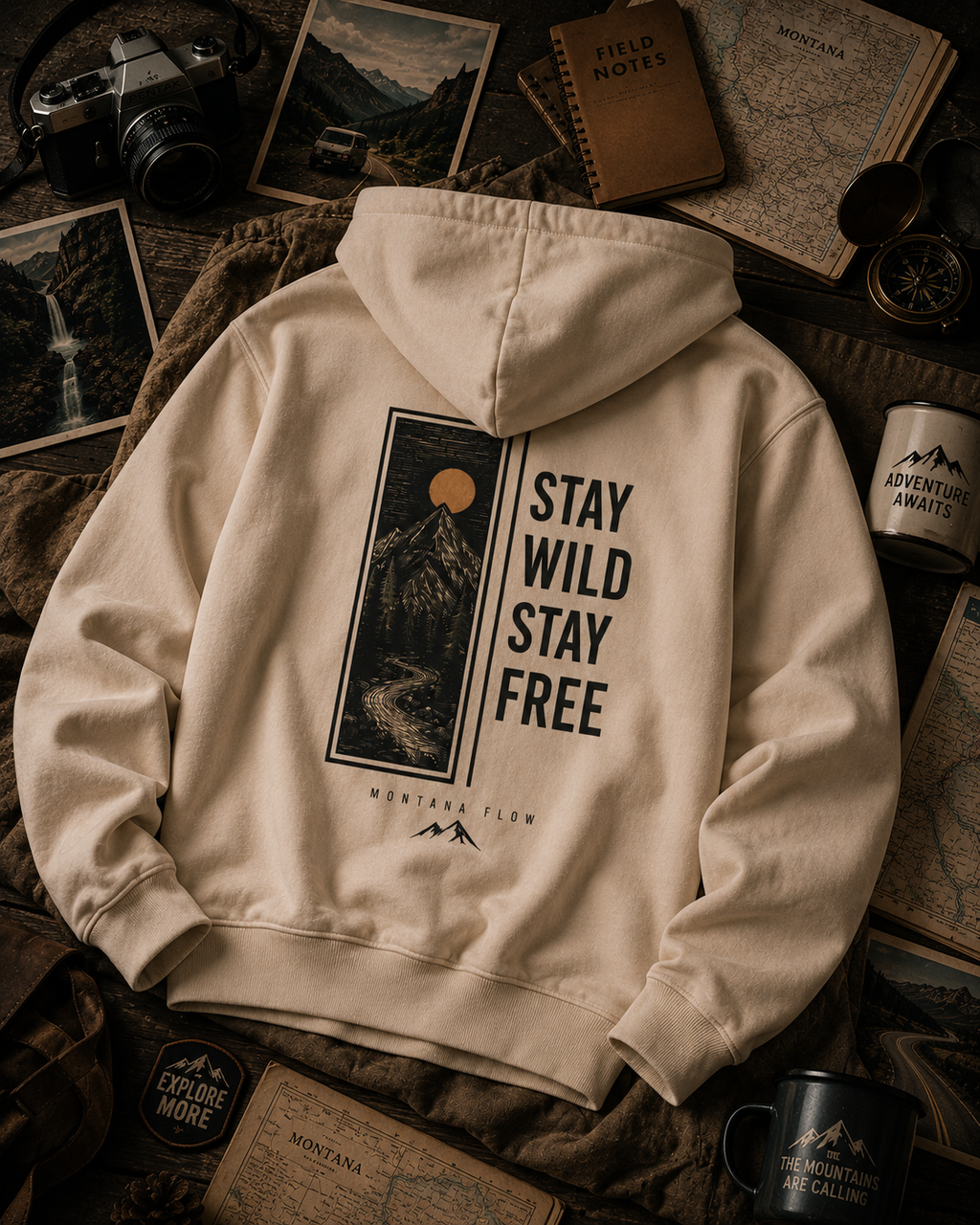 Sweat à capuche Stay Wild Stay Free | Sweat-shirt graphique Aventure en montagne | Sweat à capuche nature et plein air