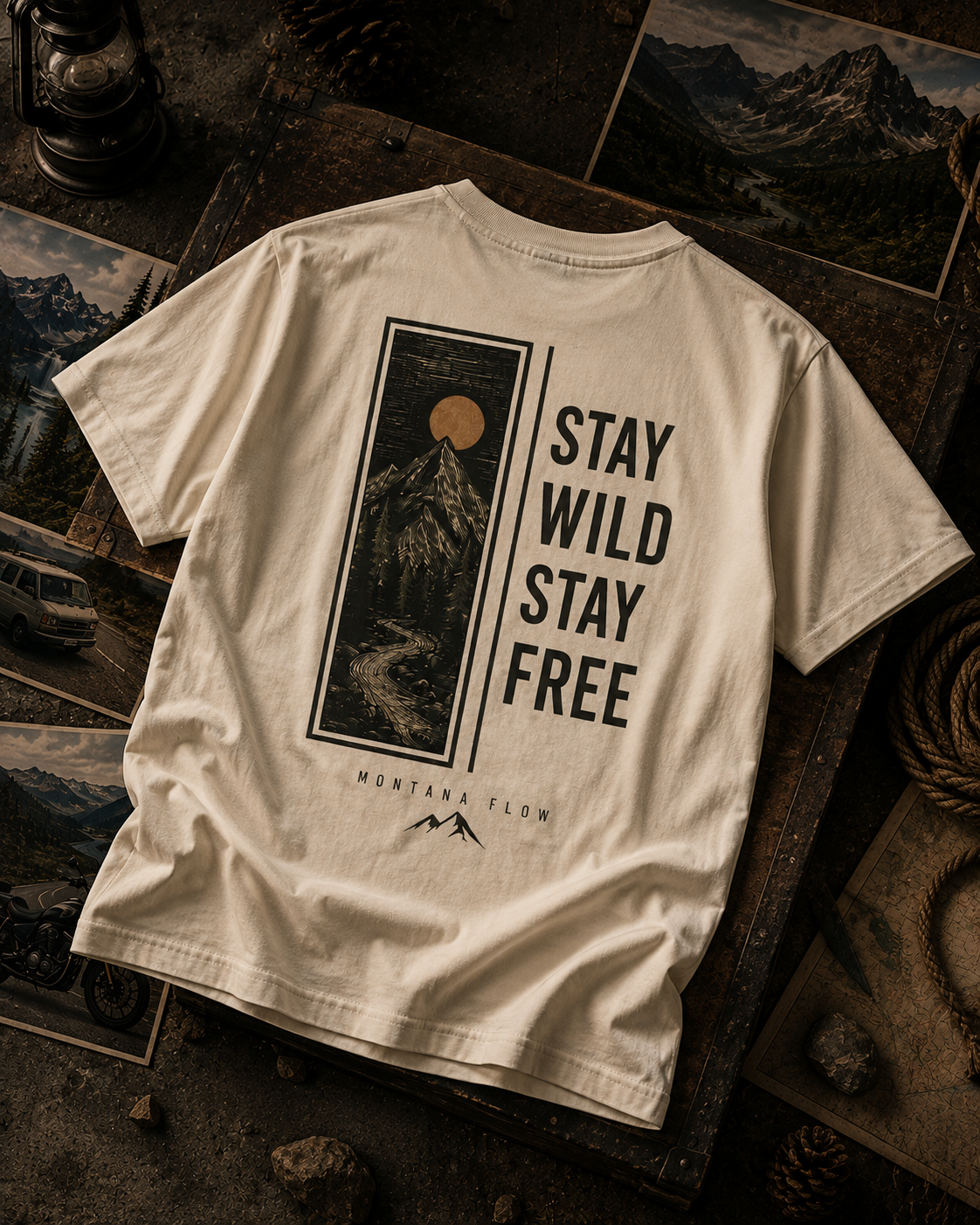 T-shirt Stay Wild Stay Free | Tee-shirt graphique aventure en montagne et nature | Haut pour voyage en plein air