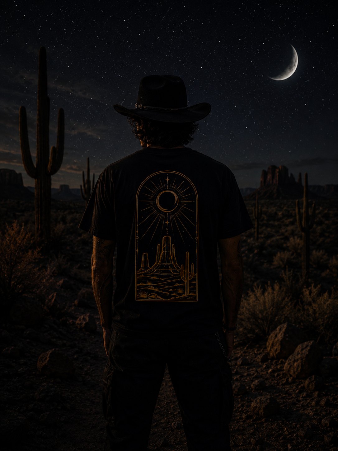 Desert Moon Arch T-shirt | Western Crescent Moon, Cactus Nightscape