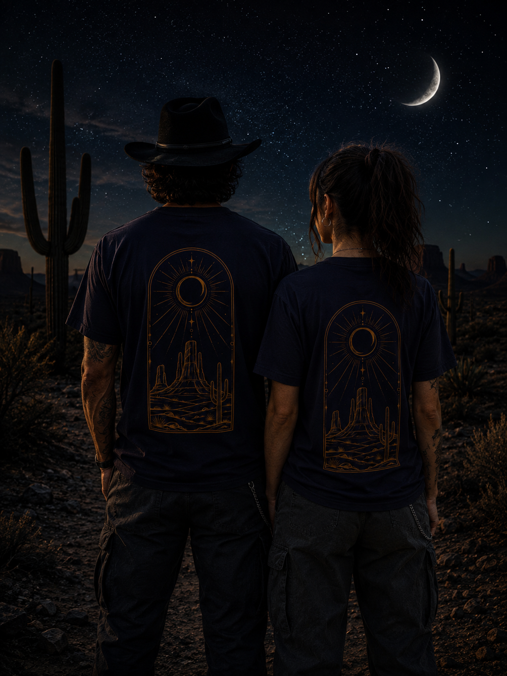 Desert Moon Arch T-shirt | Western Crescent Moon, Cactus Nightscape