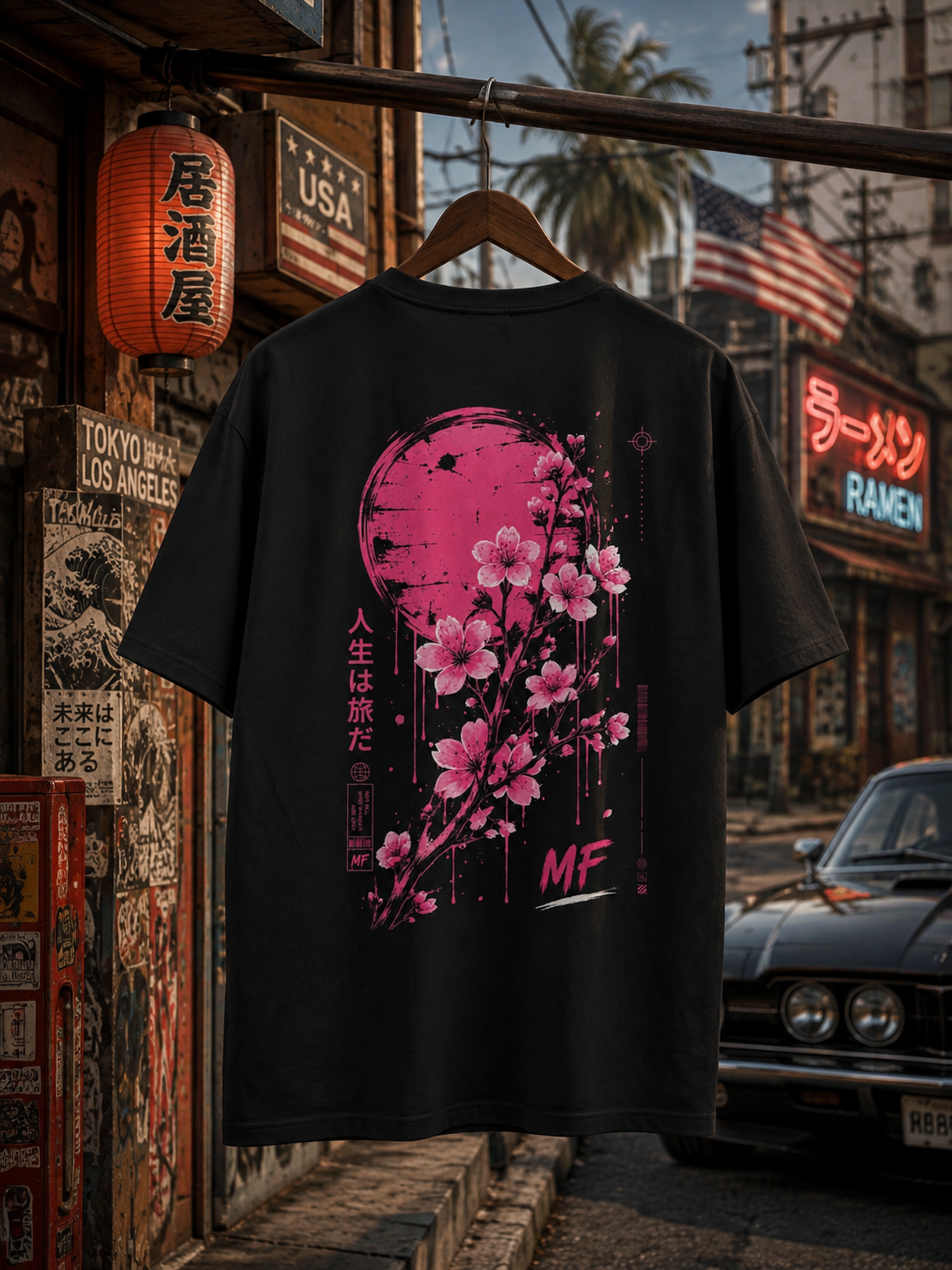 T-shirt Lune Sakura rose | T-shirt graphique avec cerisiers en fleurs japonais