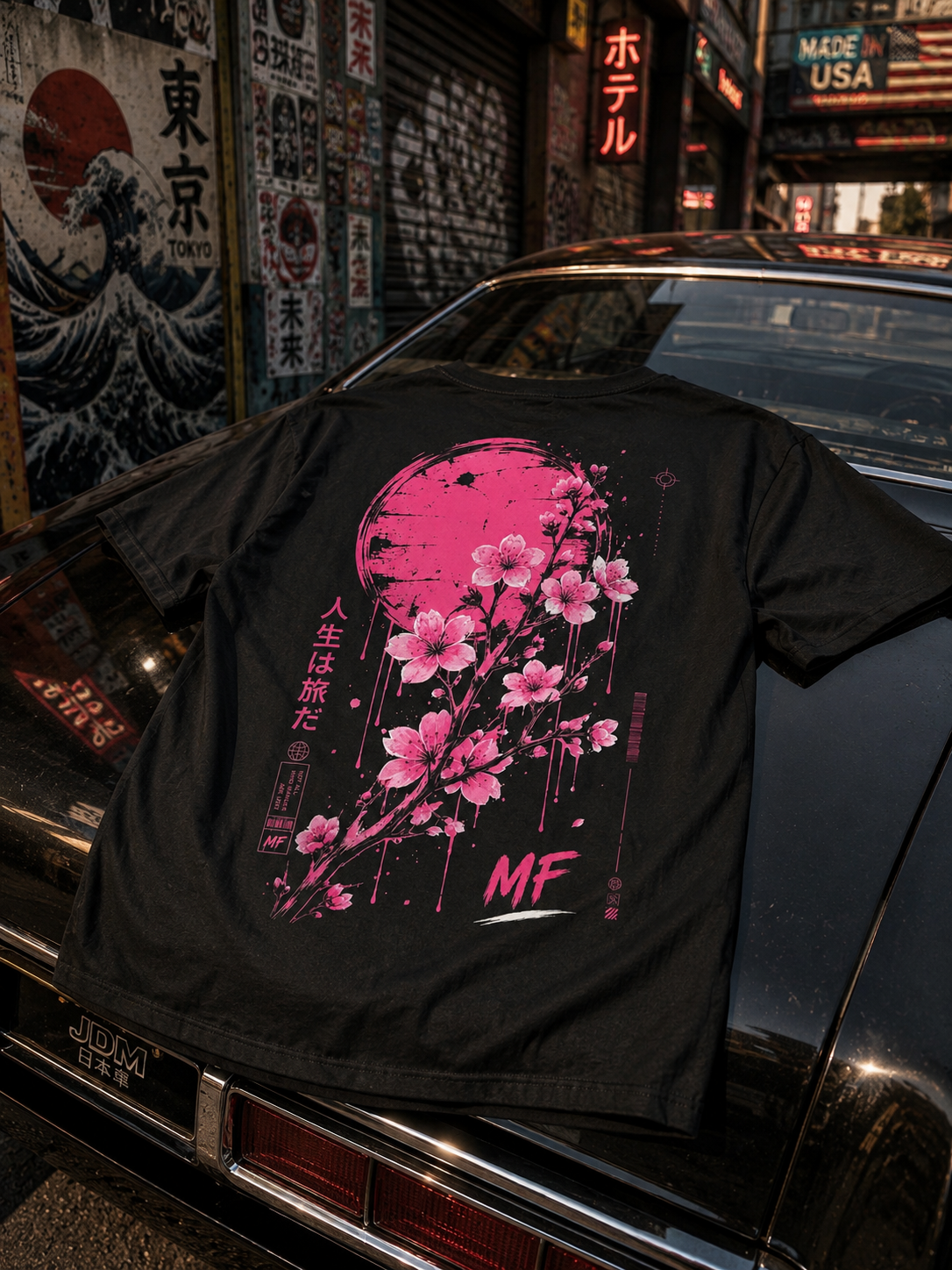 T-shirt Lune Sakura rose | T-shirt graphique avec cerisiers en fleurs japonais