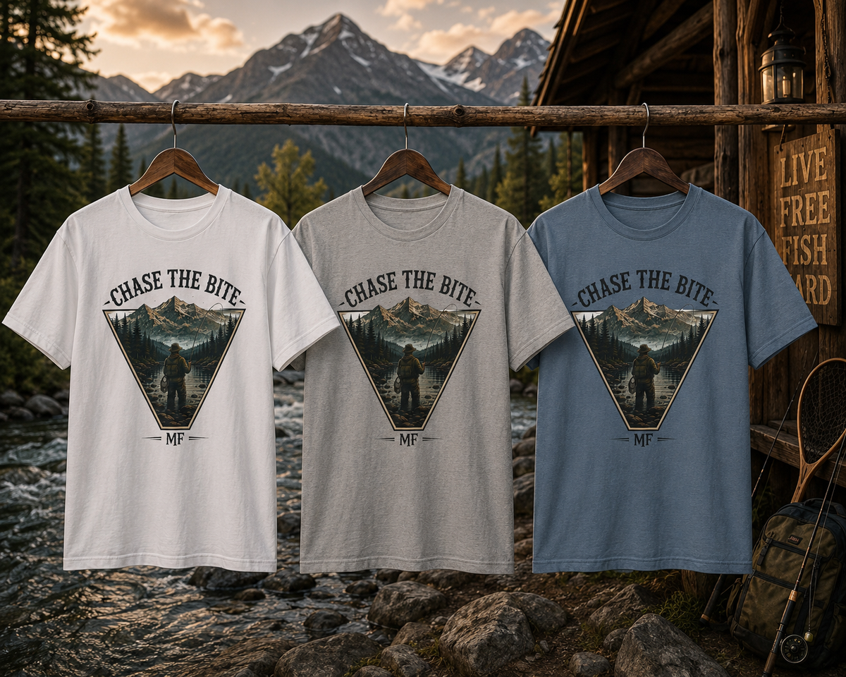 Chase the Bite fishing mountains tee | Fishing Graphic Tee