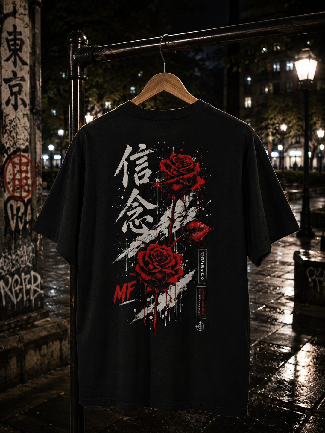 T-shirt Rose Rouge Japonaise | Tee-shirt à Motif Kanji au Dos | Mode Urbaine Japonaise