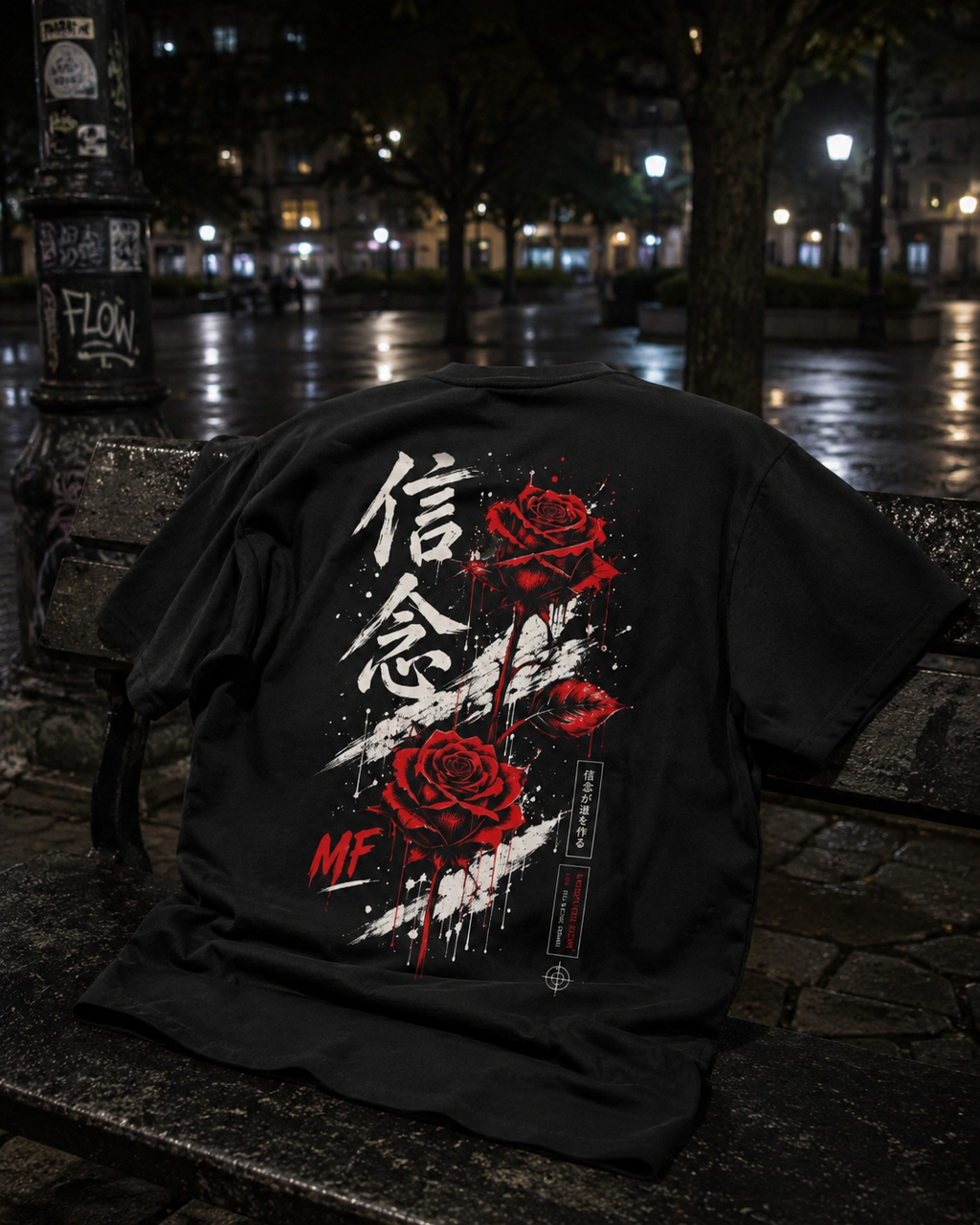 T-shirt Rose Rouge Japonaise | Tee-shirt à Motif Kanji au Dos | Mode Urbaine Japonaise