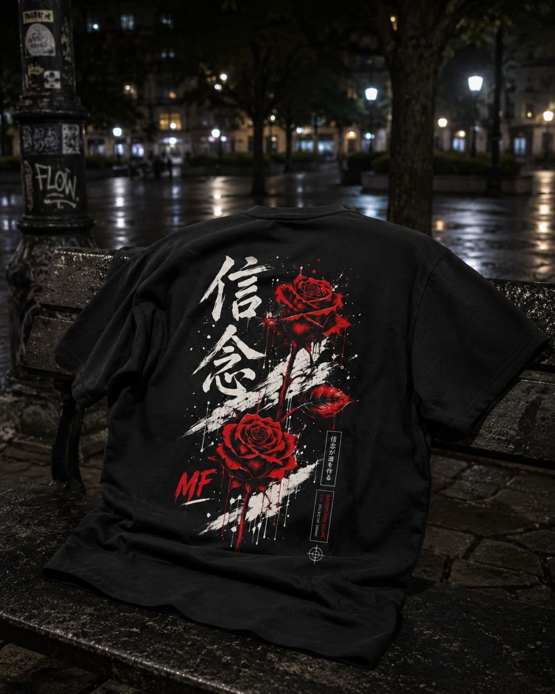 T-shirt Rose Rouge Japonaise | Tee-shirt à Motif Kanji au Dos | Mode Urbaine Japonaise