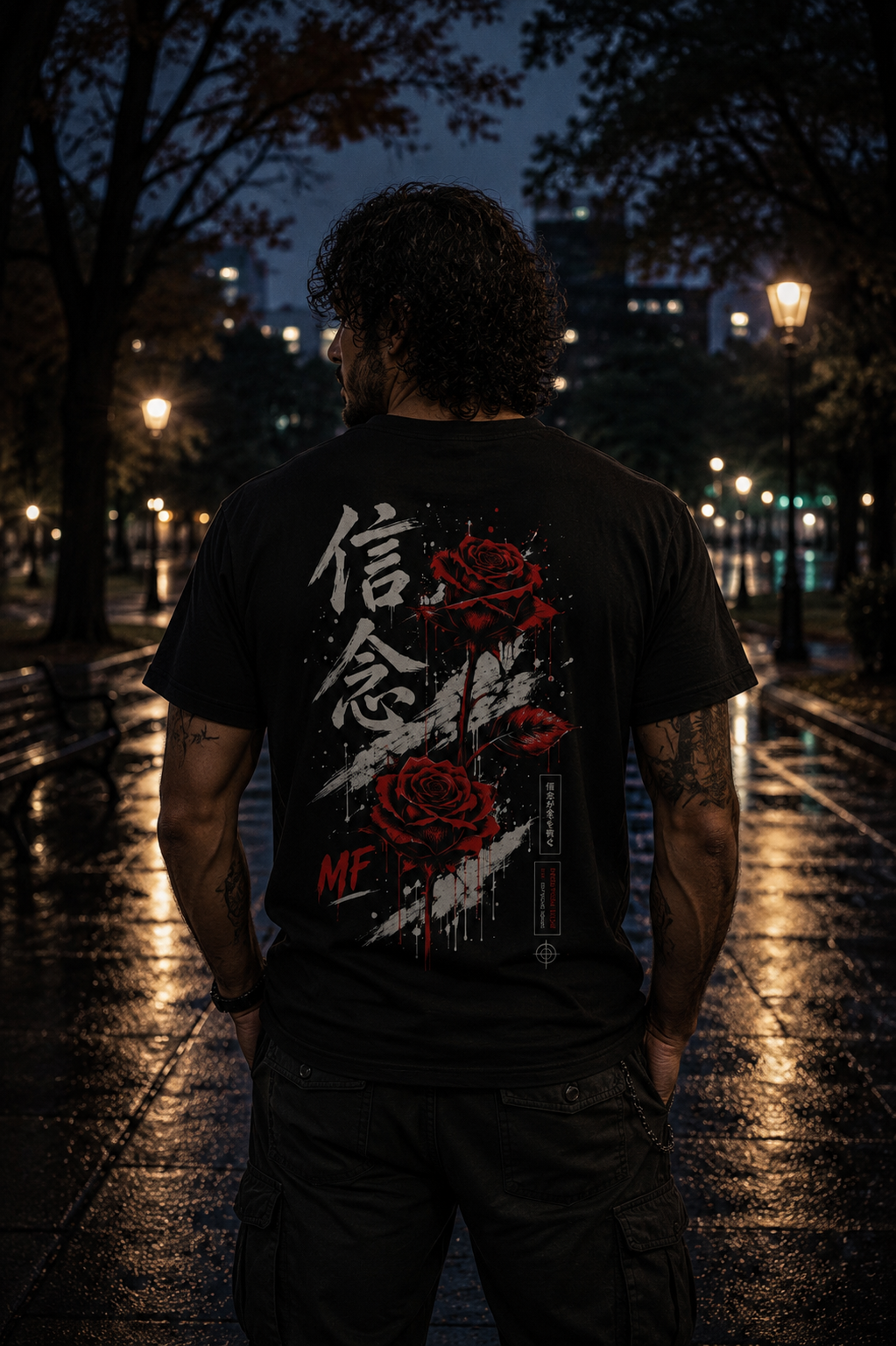 T-shirt Rose Rouge Japonaise | Tee-shirt à Motif Kanji au Dos | Mode Urbaine Japonaise