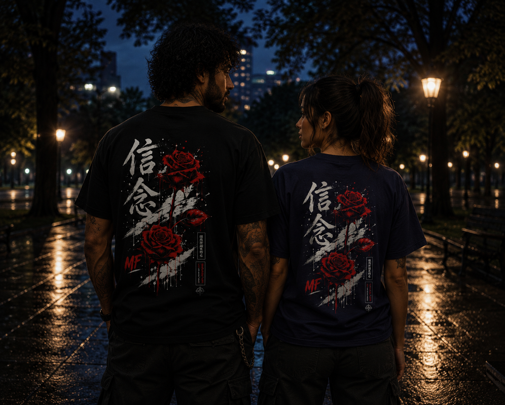 T-shirt Rose Rouge Japonaise | Tee-shirt à Motif Kanji au Dos | Mode Urbaine Japonaise