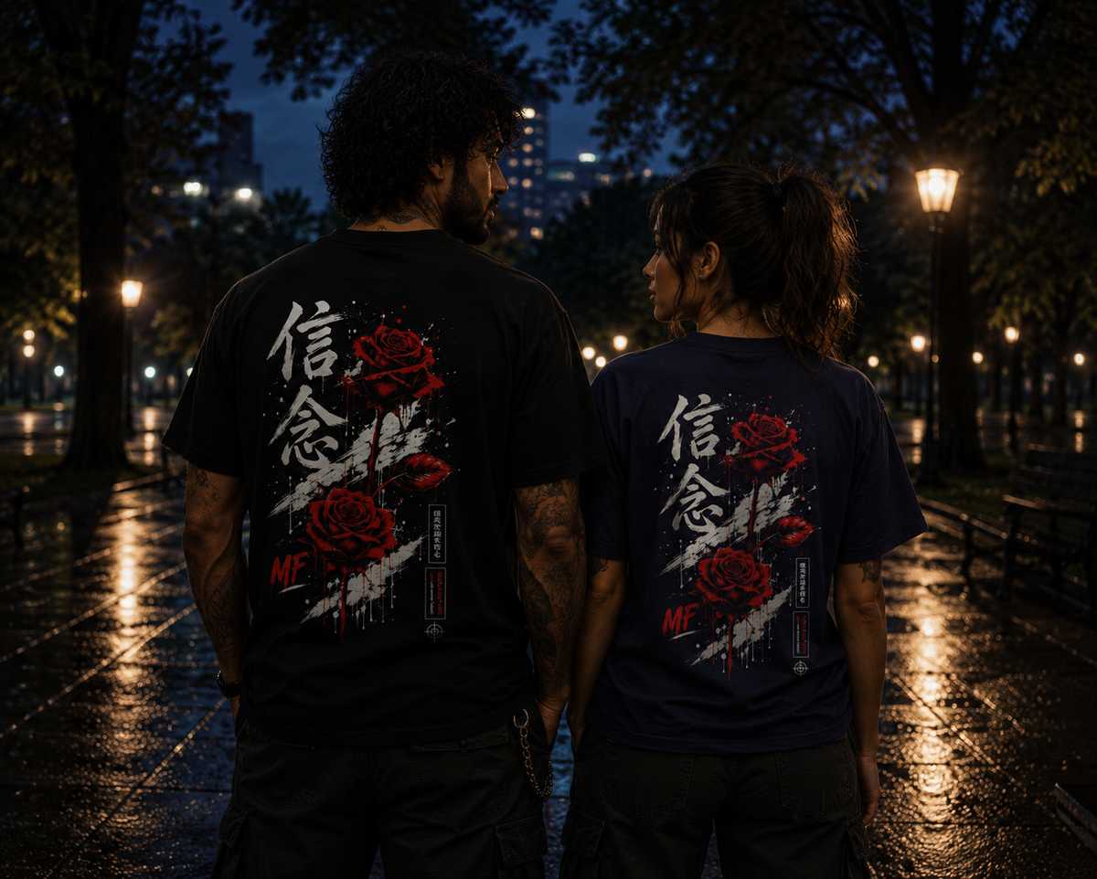 T-shirt Rose Rouge Japonaise | Tee-shirt à Motif Kanji au Dos | Mode Urbaine Japonaise