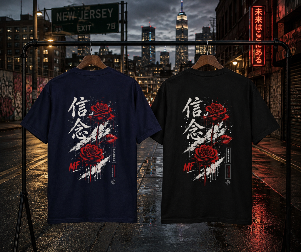 T-shirt Rose Rouge Japonaise | Tee-shirt à Motif Kanji au Dos | Mode Urbaine Japonaise