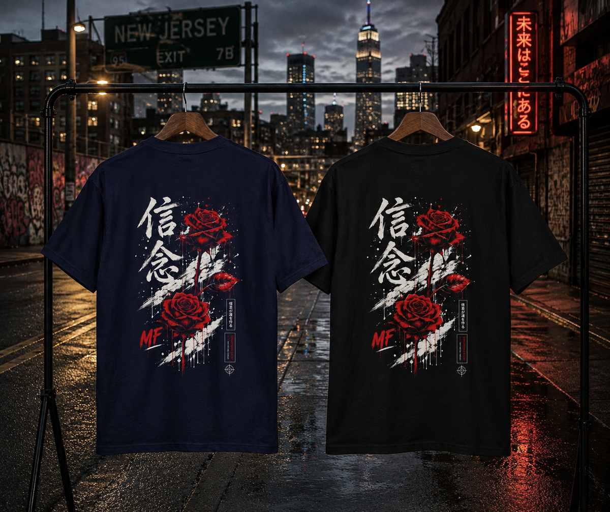 T-shirt Rose Rouge Japonaise | Tee-shirt à Motif Kanji au Dos | Mode Urbaine Japonaise
