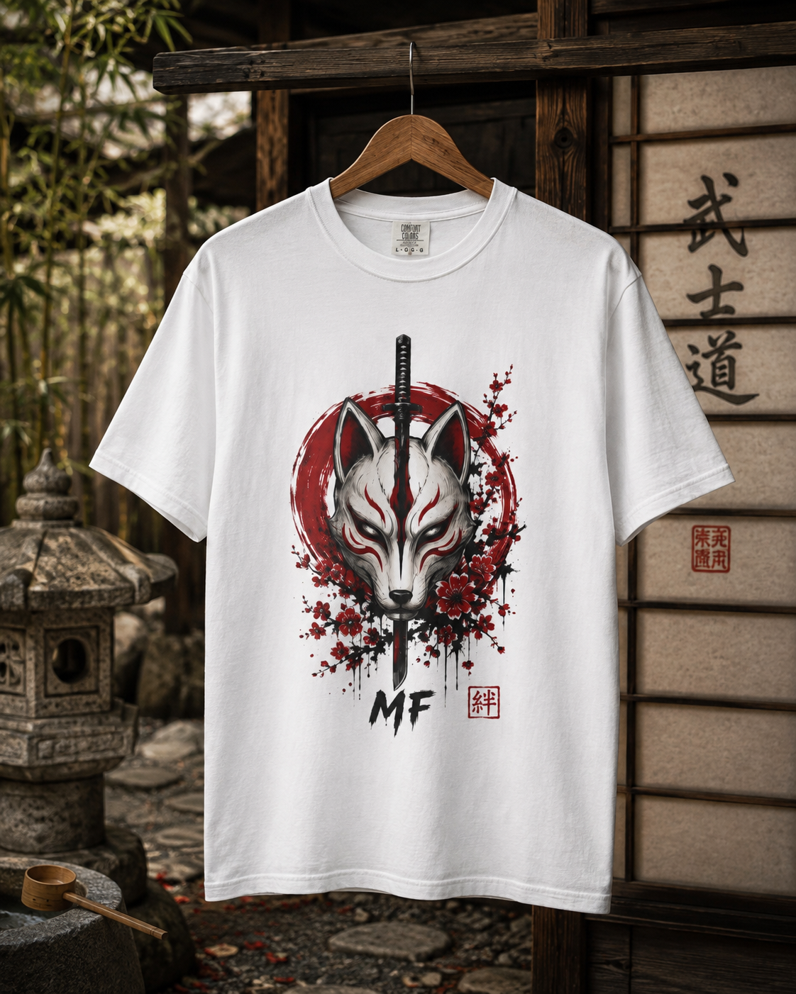 T-shirt Masque Kitsune | T-shirt graphique samouraï esprit renard japonais