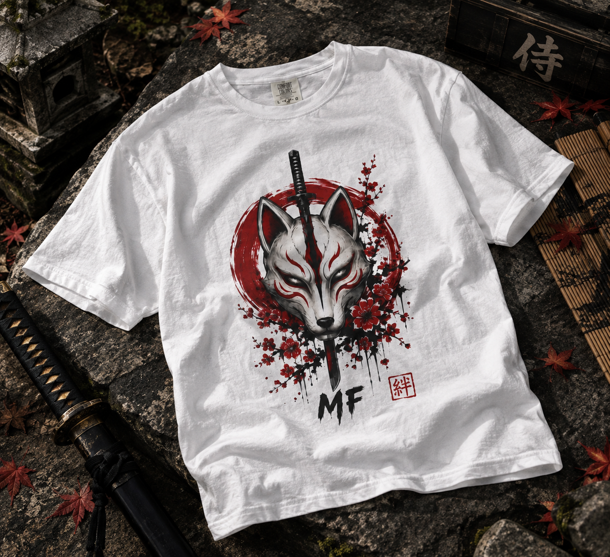 T-shirt Masque Kitsune | T-shirt graphique samouraï esprit renard japonais