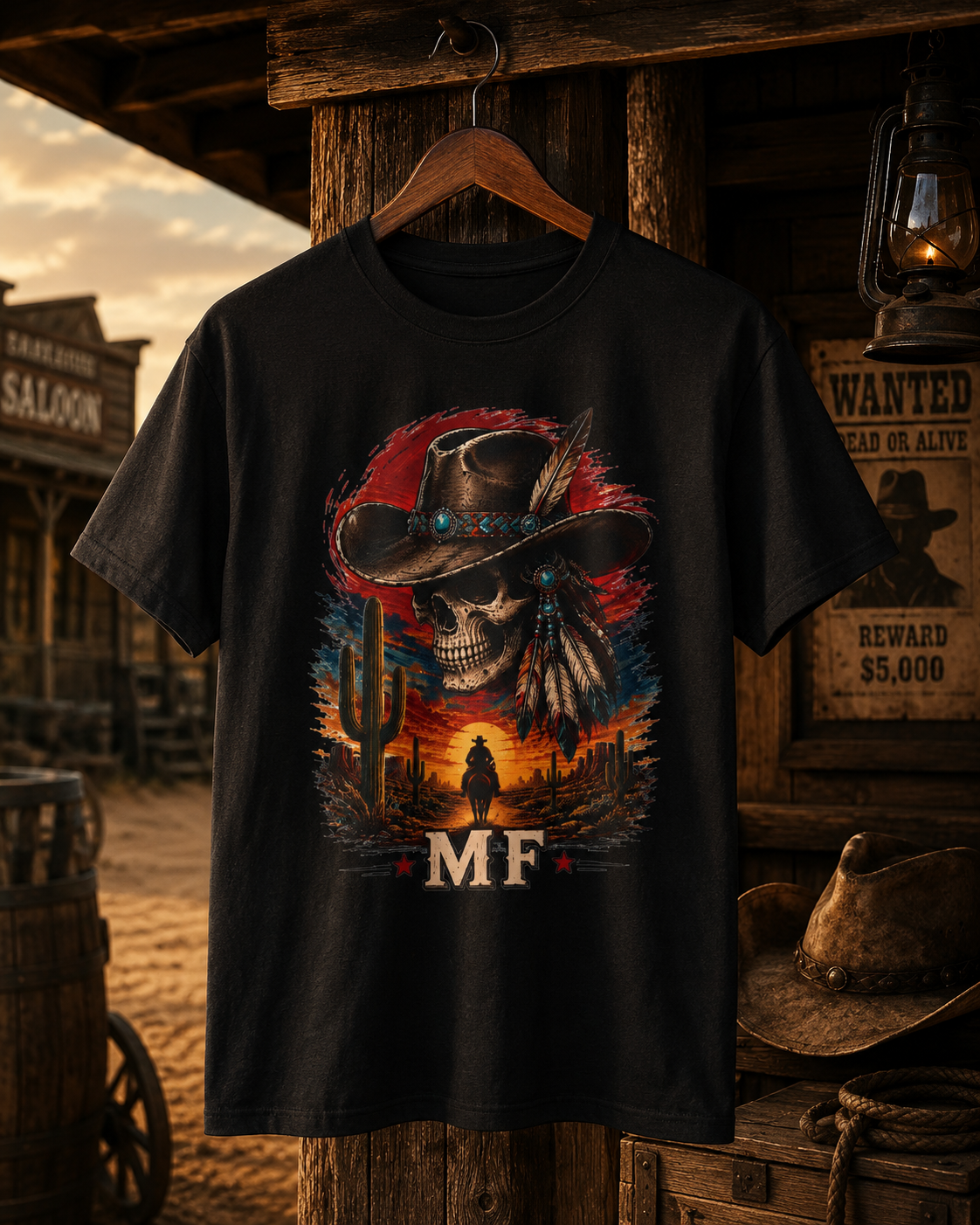 Desert Skull Cowboy T-Shirt | Western Skull Graphic Tee | Cowboy Sunset Cactus Shirt | MF