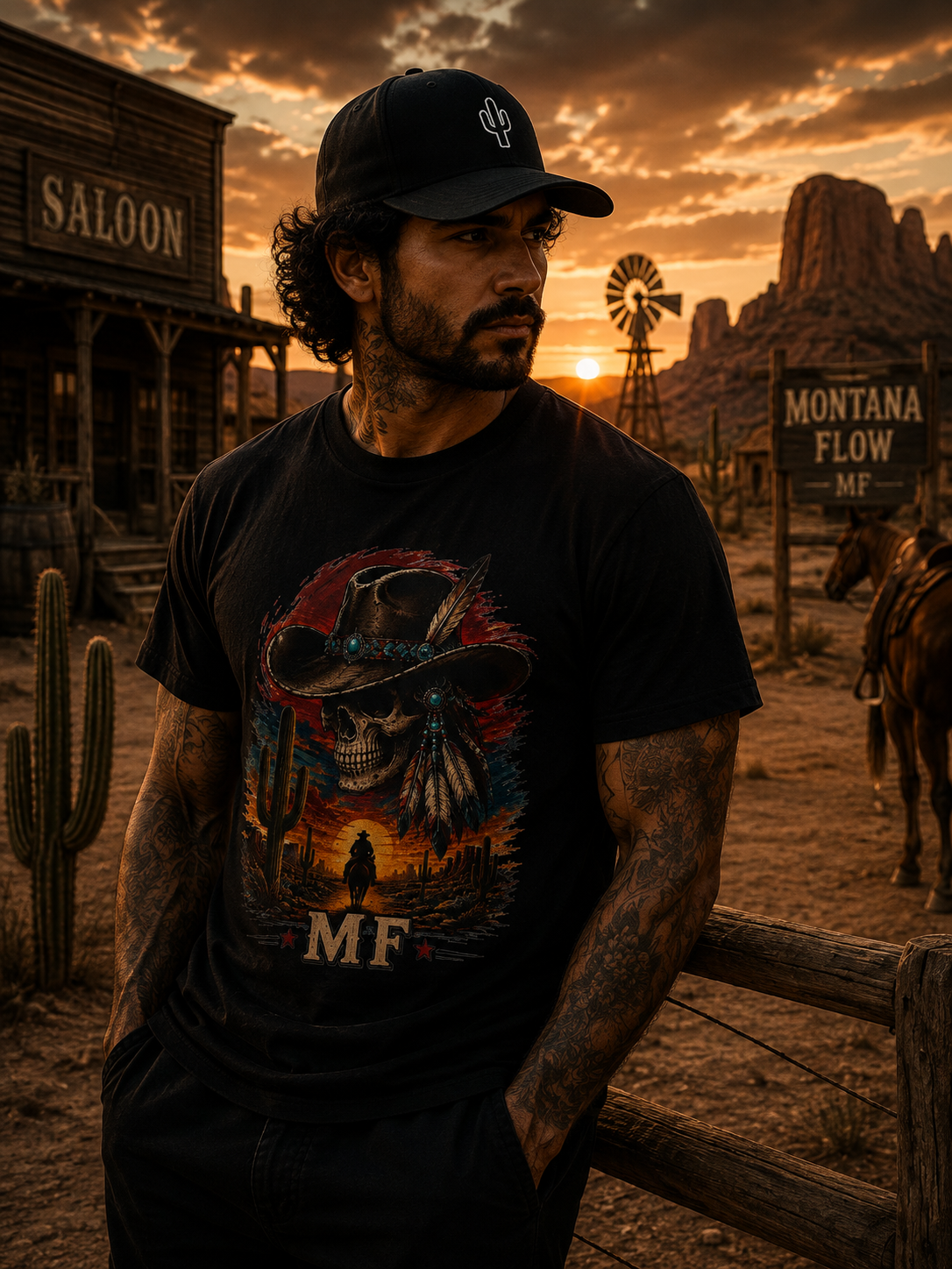 Desert Skull Cowboy T-Shirt | Western Skull Graphic Tee | Cowboy Sunset Cactus Shirt | MF
