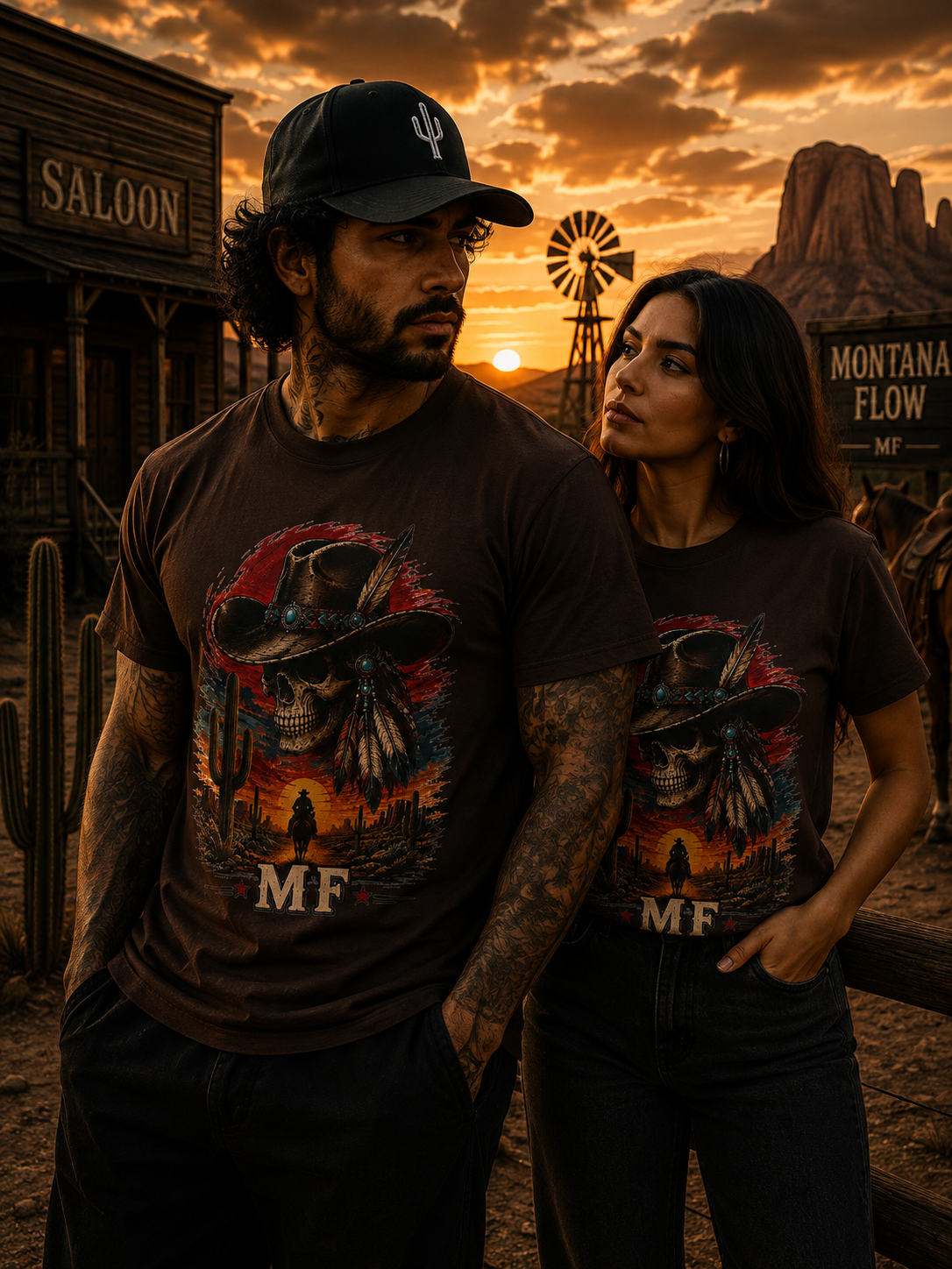 Desert Skull Cowboy T-Shirt | Western Skull Graphic Tee | Cowboy Sunset Cactus Shirt | MF