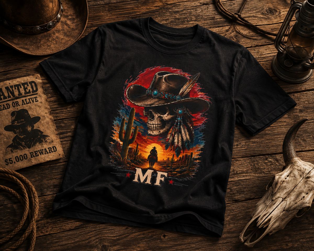 Desert Skull Cowboy T-Shirt | Western Skull Graphic Tee | Cowboy Sunset Cactus Shirt | MF