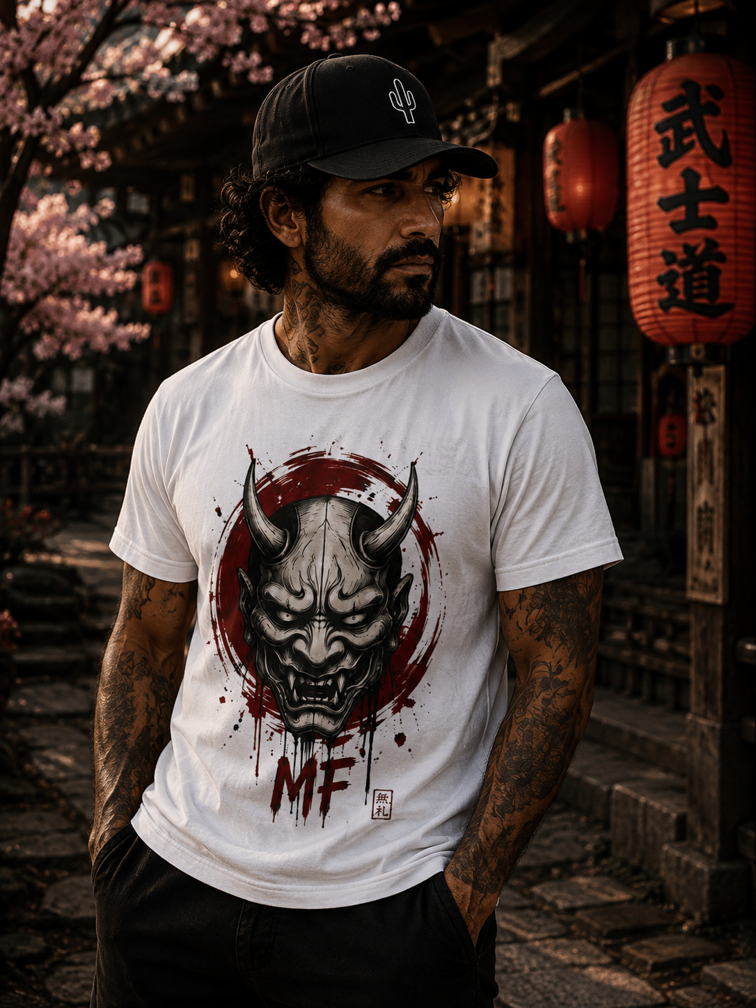 T-shirt Oni japonais | T-shirt graphique démon japonais | T-shirt streetwear visage d'Oni | Streetwear japonais