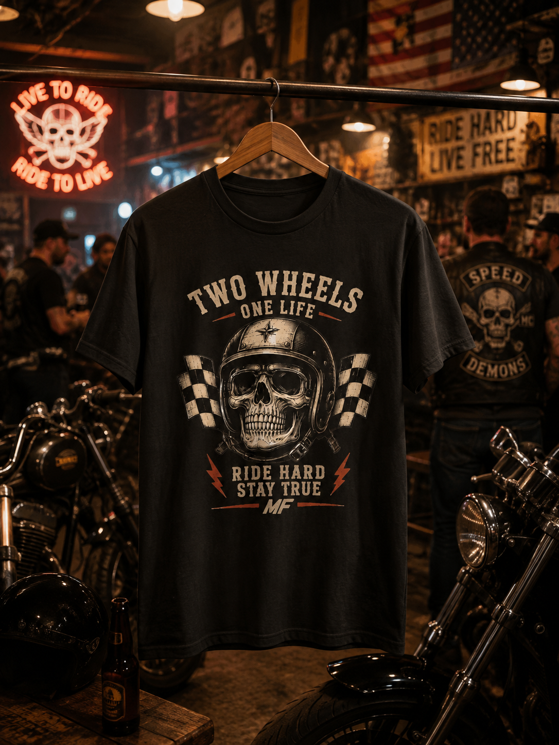 T-shirt Deux Roues Casque Crâne | Graphisme moto Ride Hard Stay True