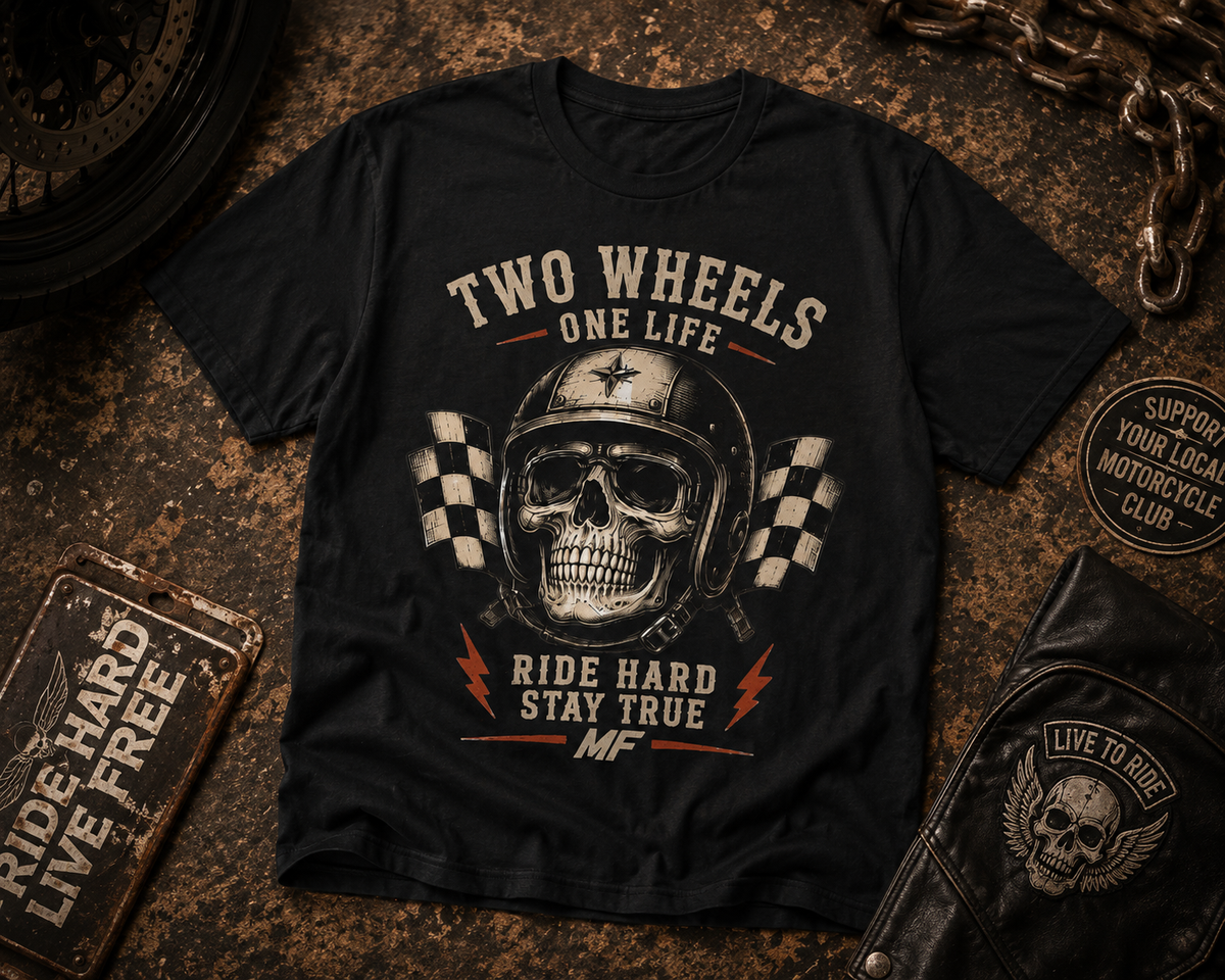 T-shirt Deux Roues Casque Crâne | Graphisme moto Ride Hard Stay True