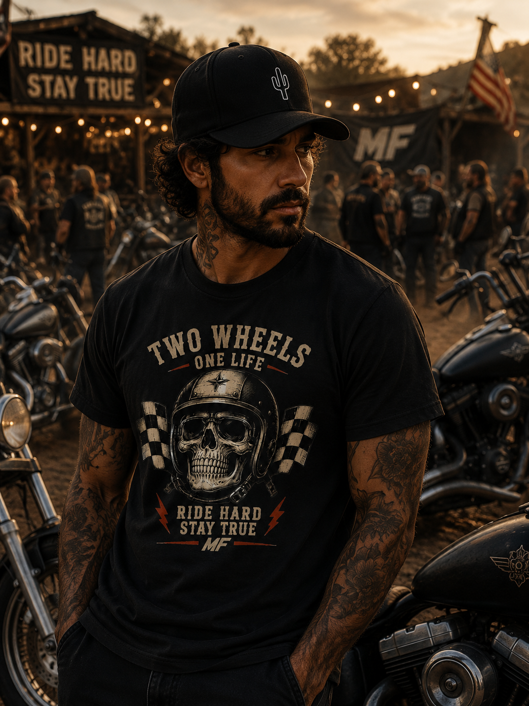 T-shirt Deux Roues Casque Crâne | Graphisme moto Ride Hard Stay True