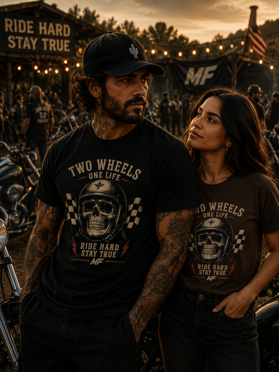 T-shirt Deux Roues Casque Crâne | Graphisme moto Ride Hard Stay True
