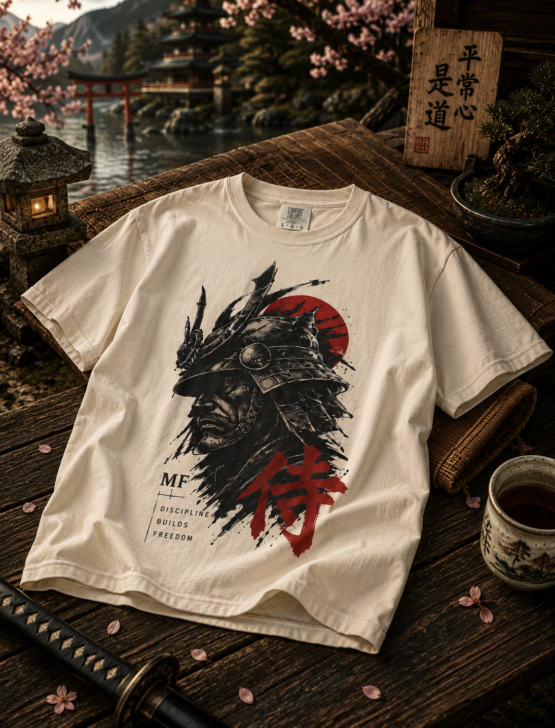 T-shirt samouraï japonais | Graphisme casque de samouraï soleil rouge | Streetwear guerrier japonais