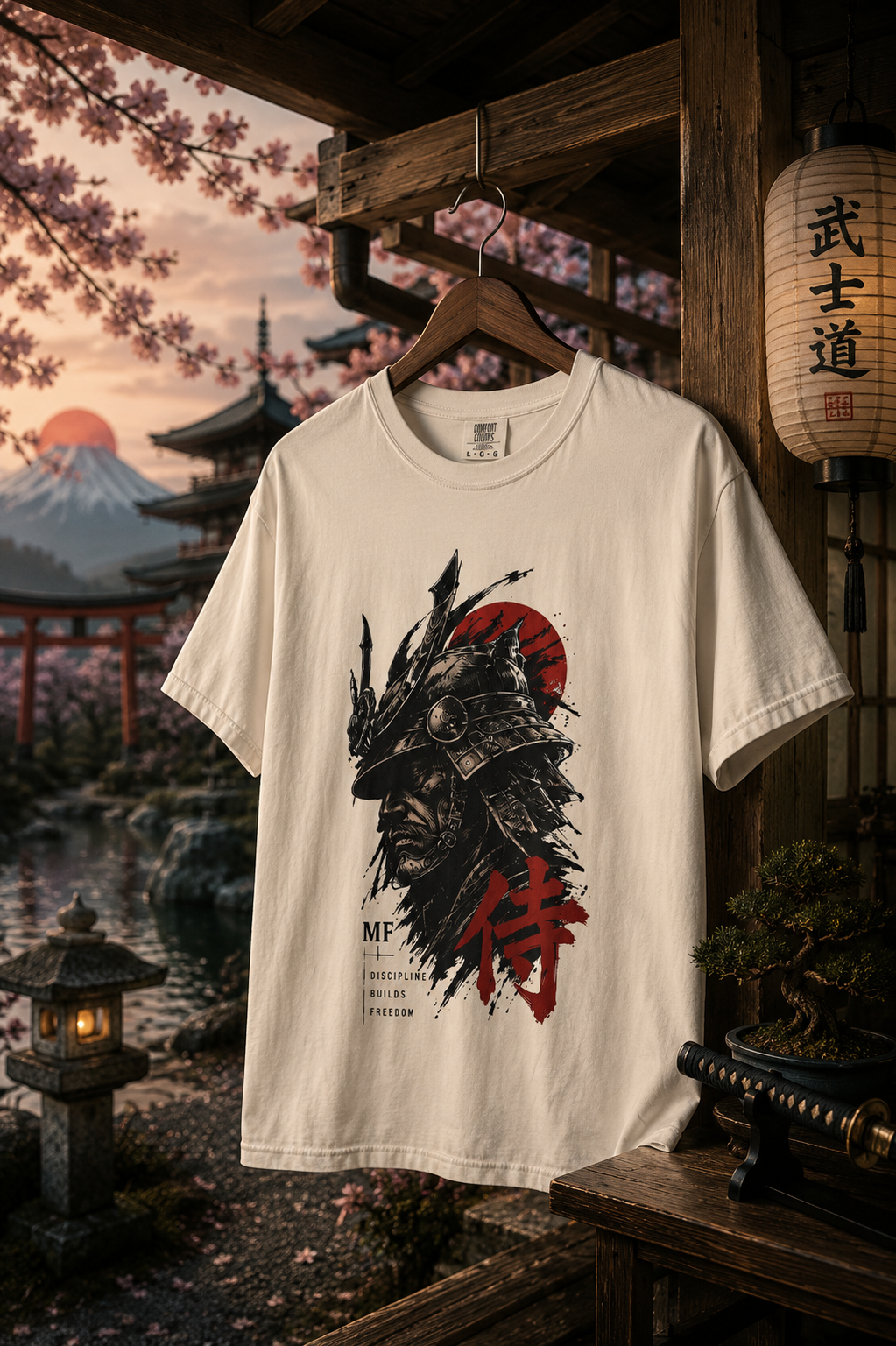 T-shirt samouraï japonais | Graphisme casque de samouraï soleil rouge | Streetwear guerrier japonais
