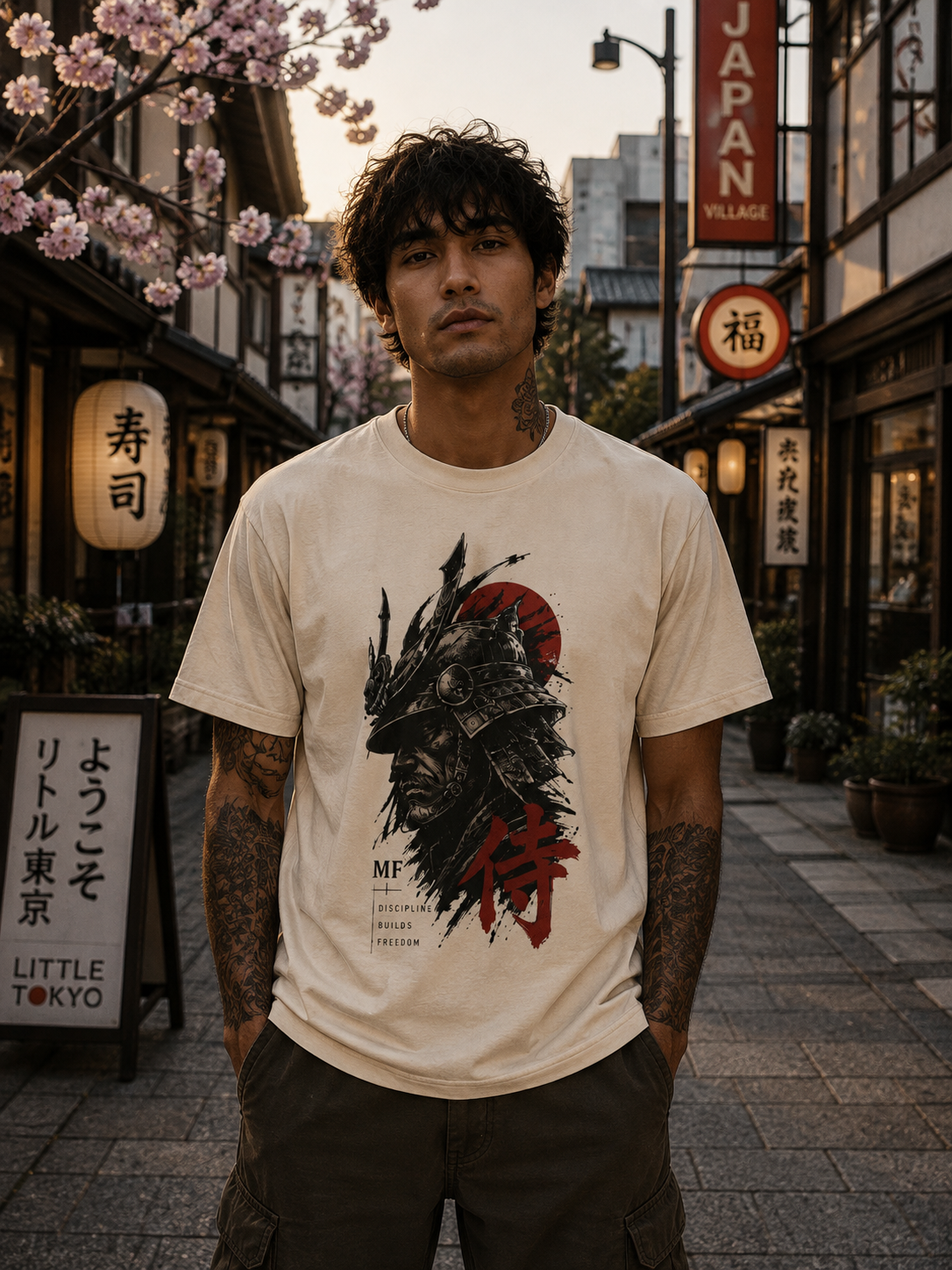 T-shirt samouraï japonais | Graphisme casque de samouraï soleil rouge | Streetwear guerrier japonais