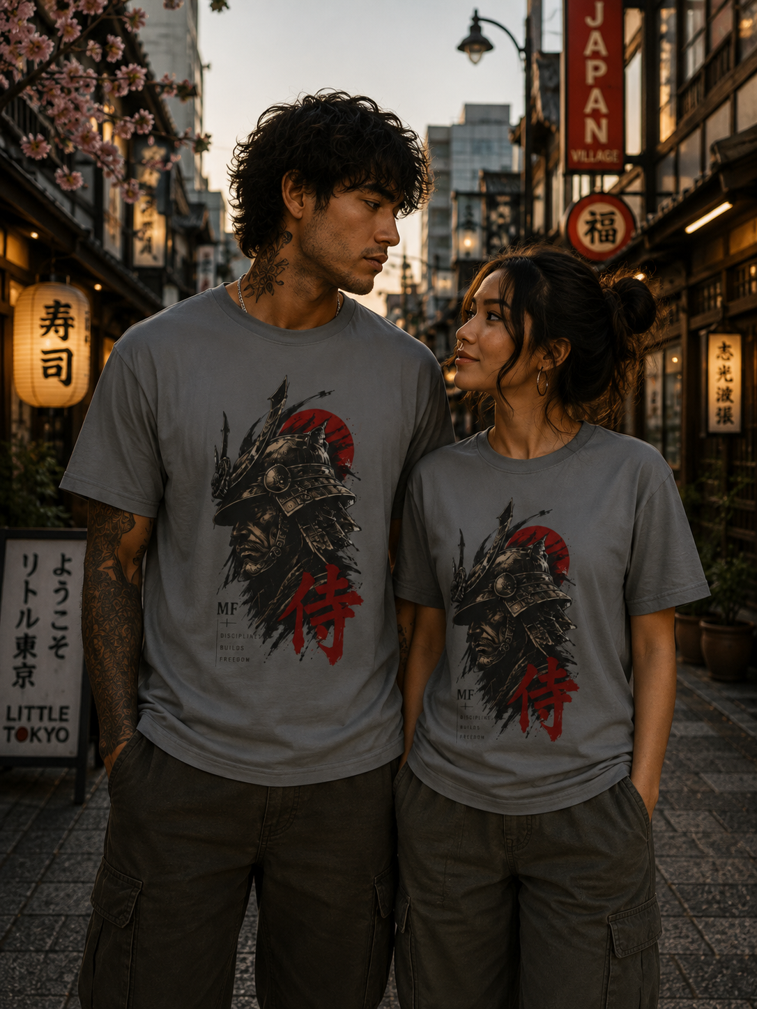 T-shirt samouraï japonais | Graphisme casque de samouraï soleil rouge | Streetwear guerrier japonais
