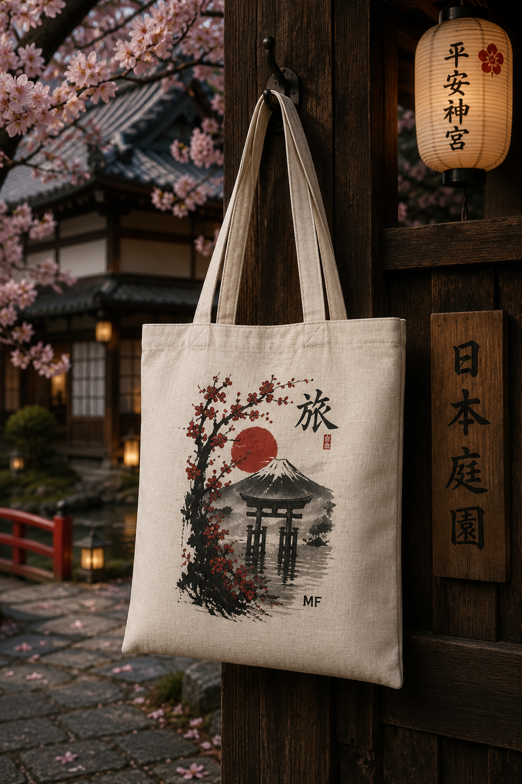 Japanese Travel Tote Bag | Mount Fuji Cherry Blossom Torii Bag | Japan Landscape Shopper