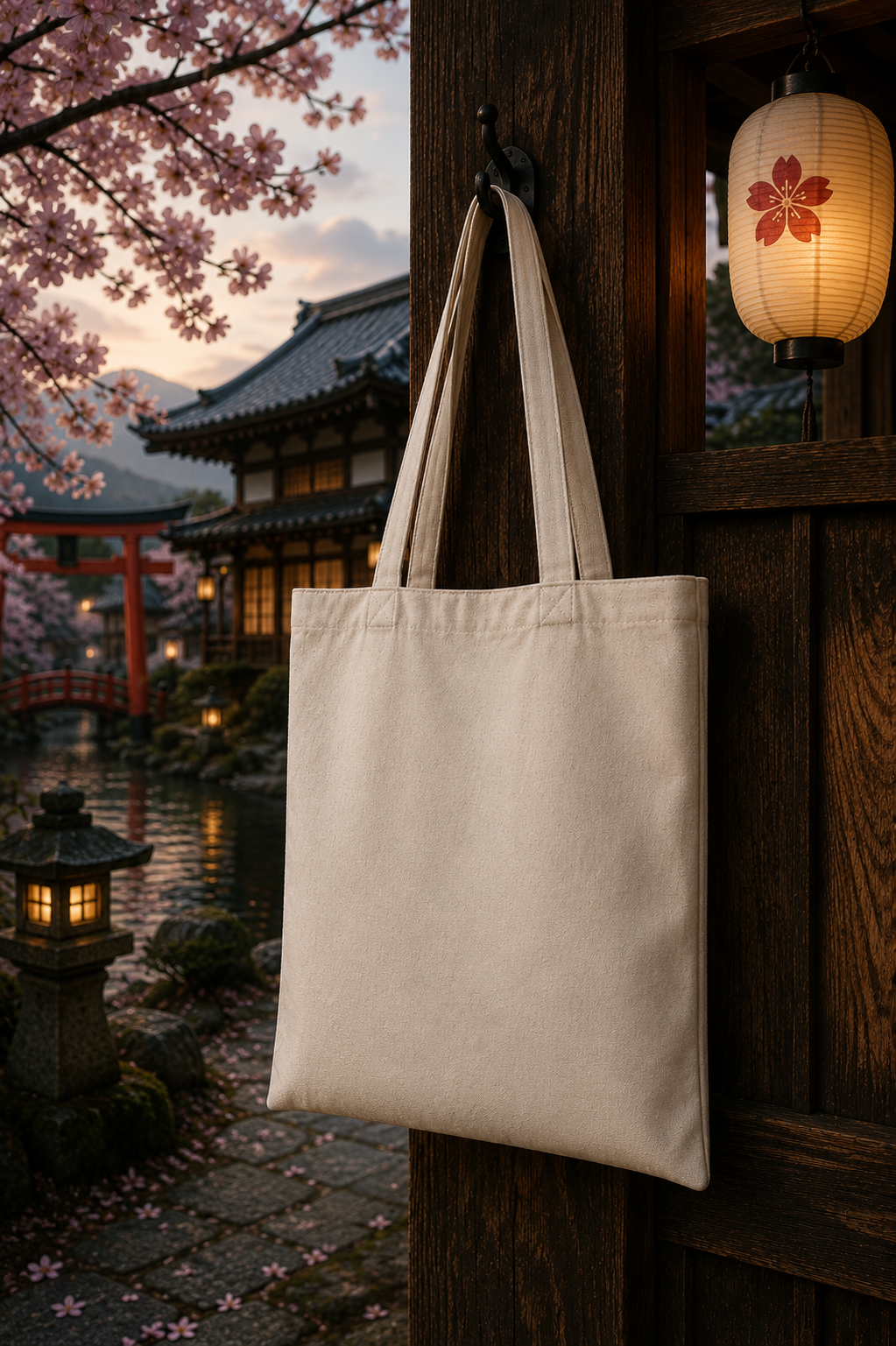 Japanese Travel Tote Bag | Mount Fuji Cherry Blossom Torii Bag | Japan Landscape Shopper