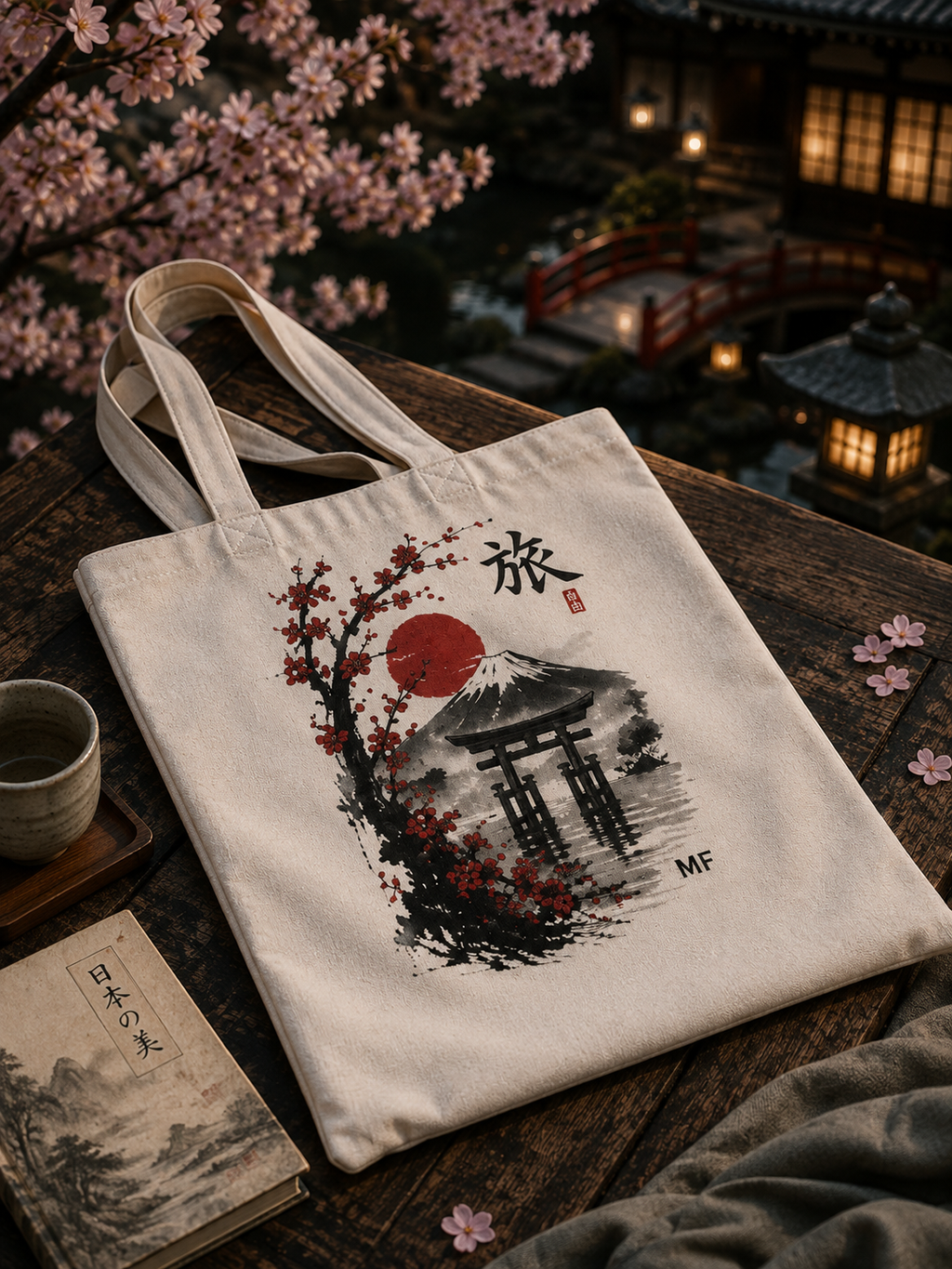Japanese Travel Tote Bag | Mount Fuji Cherry Blossom Torii Bag | Japan Landscape Shopper