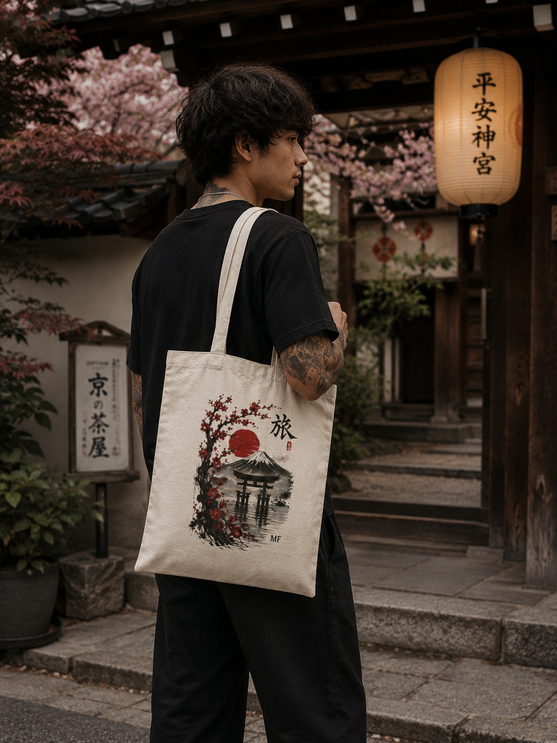 Japanese Travel Tote Bag | Mount Fuji Cherry Blossom Torii Bag | Japan Landscape Shopper