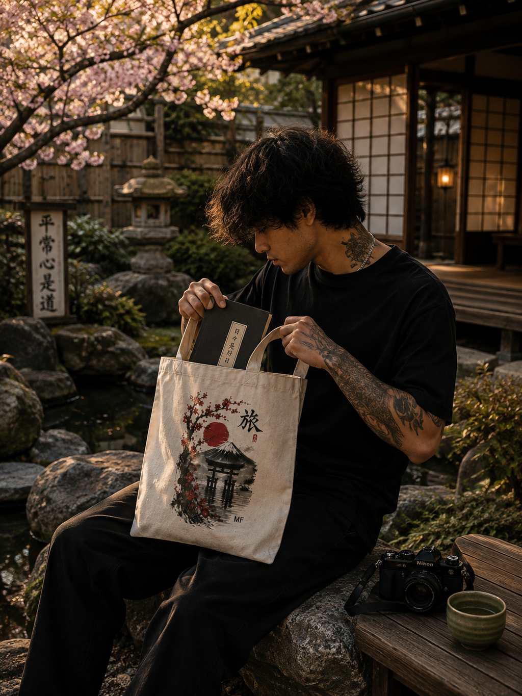 Japanese Travel Tote Bag | Mount Fuji Cherry Blossom Torii Bag | Japan Landscape Shopper